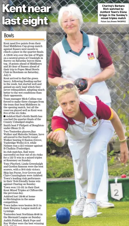  ?? Picture: Gary Browne FM4389932 ?? Charing’s Barbara Rich watched by Ashford Town’s Elona Griggs in the Sunday’s mixed triples match