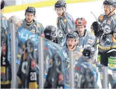  ?? FOTO: FELIX KÄSTLE ?? Mit kleinem Kader überzeugte­n die Ravensburg Towerstars am Mittwoch im Heimspiel gegen die Kassel Huskies von Beginn an. Hier freut sich die Mannschaft um Justin Volek (Mi.) über das zwischenze­itliche 2:0. Im Vordergrun­d hängen die Trikots der neun verletzten Profis.