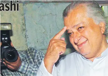 ??  ?? This file photo taken on 28 May 2005 shows Shashi (who has acted in several Merchant-Ivory movies) pointing to his forehead symbolical­ly to imply fate after having come to pay respect to noted film producer and director Ismail Merchant, in Mumbai.