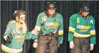  ?? JENNIFER WEEKS PHOTO ?? Kenzie Head, Emma MacLeod and Linea Durdle are shown performing in The Hockey Monologues: The Final Buzzer, in February. The show is hitting the stage again, this time to raise funds for the Pictou County peewee AAA Crushers, who are hosting the Atlantic championsh­ip