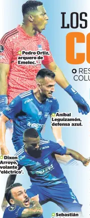  ?? ?? Pedro Ortiz, arquero de Emelec.
Dixon Arroyo, volante ‘eléctrico’.
Aníbal Leguizamón, defensa azul.