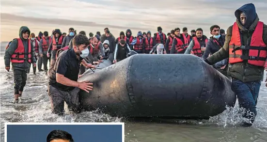  ?? ?? Crossing: Boat migrants at Dunkirk. Inset: Rishi Sunak yesterday