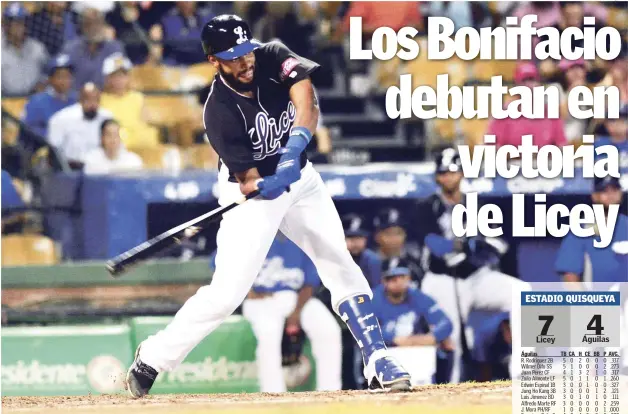  ?? FOTO GLAUCO MOQUETE ?? HÉROE. Jorge Bonifacio, del Licey, fue uno de los hombres claves en la ofensiva de los Tigres que anoche remontaron y vencieron 7-4 a las Águilas Cibaeñas.