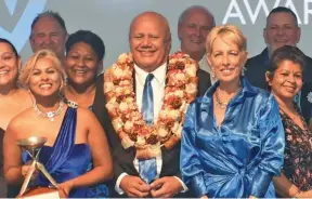  ?? Photo: Waisea Nasokia ?? Deputy Prime Minister and Minister for Tourism and Civil Aviation Viliame Gavoka (middle) with TETA Board of Trustees chair Debra Sadranu and the winners during the 2022 Fiji Excellence in Tourism Awards at the Sofitel Fiji Resort and Spa on February 25, 2023.