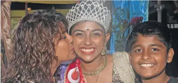  ?? Photo: Mereleki Nai ?? Azeria Narayan, the Vodafone Rakiraki Queen is congratula­ted by her mum, Radhika and brother Zaaish Narayan at the FSC Grounds, Rakiraki on October 27, 2018.