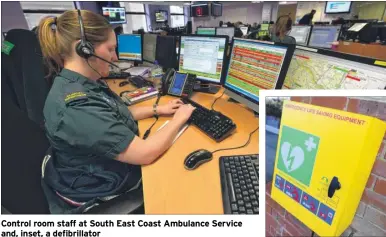  ??  ?? Control room staff at South East Coast Ambulance Service and, inset, a defibrilla­tor