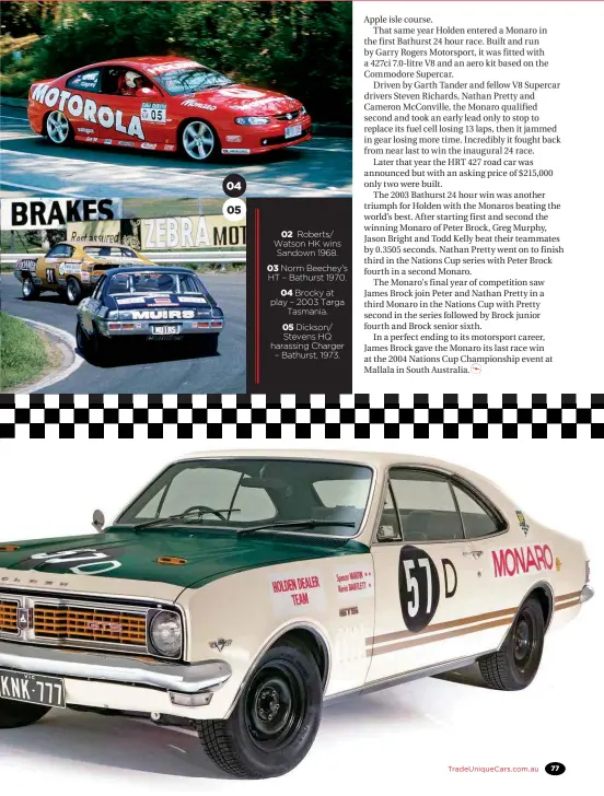  ??  ?? 02 Roberts/ Watson HK wins Sandown 1968.03 Norm Beechey's HT – Bathurst 1970.04 Brocky at play – 2003 Targa Tasmania.05 Dickson/ Stevens HQ harassing Charger – Bathurst, 1973.