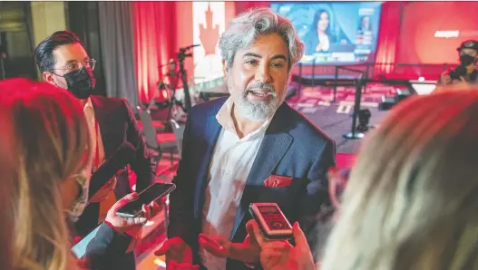  ?? JOHN MAHONEY ?? Pablo Rodriguez, Justin Trudeau's Quebec lieutenant, speaks with reporters at Liberal Party headquarte­rs on election night Monday in Montreal.