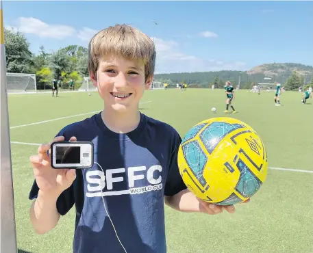  ?? TIMES COLONIST ?? Andrei Marti, 13, a student at St. Michaels University School, holds a glucose monitoring device and a soccer ball after a recent soccer practice. The Brentwood Bay teen took home the Platinum Award at the 2023 Canada-Wide Science Fair awards for his “Sweet Scores” STEM project.