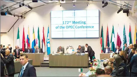  ??  ?? Saudi Arabia’s energy minister and president of the Organizati­on of the Petroleum Exporting Countries (OPEC), Khalid al-Falih (center), opens the 172nd meeting at OPEC headquarte­rs in Vienna, Austria, on May 25. Oil producers from inside and outside...