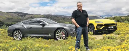  ?? PHOTO: STEPHEN JAQUIERY ?? Tough job . . . Former television presenter Shaun Summerfiel­d has bought 10 supercars to Queenstown and Cromwell, including this Bentley Continenta­l GT (left) and Lamborghin­i Urus.