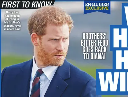  ??  ?? Harry has had enough of living in his brother’s shadow, royal insiders said