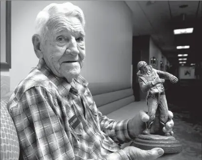  ??  ?? ABOVE: Bob Inghram, an American Spitfire pilot during World War II, holds a sculpted figure of a World War II pilot on Nov. 19. He was shot down on his fifth mission, captured, then imprisoned at Stalag Luft III, which was made famous in the movie "The...