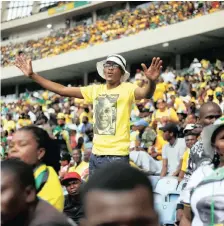  ?? African News Agency (ANA) REUTERS ?? Supporters sing during the launch of the ANC’s election manifesto in Durban. |