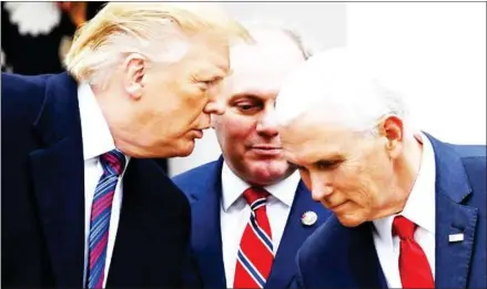  ?? SAUL LOEB/AFP ?? US President Donald Trump confers with Vice President Mike Pence (right) and representa­tive Steve Scalise during a press conference at the White House in Washington, DC.