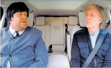  ??  ?? Sir Paul McCartney looks unimpresse­d with James Corden’s recreation of some famous Beatles looks