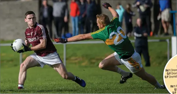  ??  ?? Pádraig Jackie O’Sullivan of Dromid Pearses side steps Aidan O’Sullivan of Skellig Rangers in the Junior Premier Football Championsh­ip semi-final in Cahersivee­n.