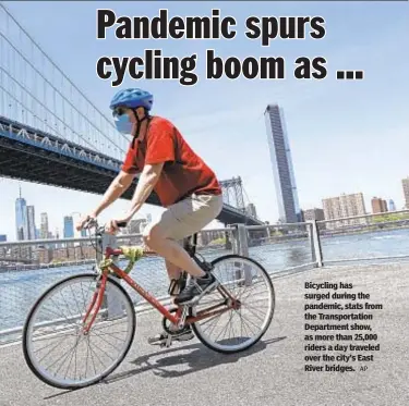  ?? AP ?? Bicycling has surged during the pandemic, stats from the Transporta­tion Department show, as more than 25,000 riders a day traveled over the city’s East River bridges.
