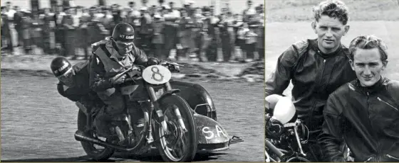  ??  ?? TOP At Darley, Victoria in 1960. Phil Morgan cops a face full of straw. ABOVE LEFT Hogg and Des Hastings on the early model Manx at Little River, Victoria in 1954. ABOVE RIGHT Ian Hogg and Phil Morgan in New Zealand, posing with Bill Russell’s Vincent as their Norton outfit was still held up in Customs.