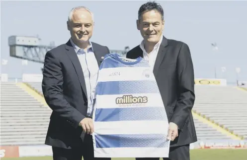  ??  ?? 0 Ray Mckinnon, left, is unveiled as the new Morton manager at Cappielow, alongside chairman Crawford Rae.