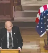  ?? AP PHOTO/ANDREW HARNIK ?? Above: Former Sen. Alan Simpson, R-Wyo., speaks during the state funeral for former President George H.W. Bush. Top: From left, President Donald Trump, first lady Melania Trump, former President Barack Obama, Michelle Obama, former President Bill Clinton, former Secretary of State Hillary Clinton, and former President Jimmy Carter listen as Simpson speaks.