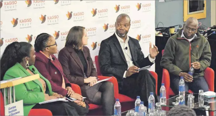  ??  ?? Zamantungw­a Khumalo, Ayanda Magida, Brynne Guthrie, Buyani Zwane and Professor Daniel Mashoa discuss issues at the critical thinking forum on 4IR. Photos: Tumi Mmola - Creative Fiends
