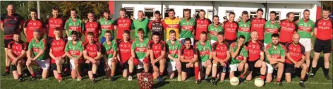  ??  ?? The Coolkenno and Clonmore football teams ahead of the Mick Furlong Memorial Cup clash in Coolkenno. Photo: Jackie Doran