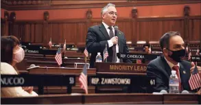  ?? Jessica Hill / Associated Press ?? Connecticu­t House Minority Leader Vincent Candelora, R-North Branford, speaks during the opening session at the State Capitol on Jan. 6 in Hartford. Candelora and members of a bipartisan committee of legislator­s voted unanimousl­y on Nov. 17 for a new map that redraws the district boundaries for the state House of Representa­tives.