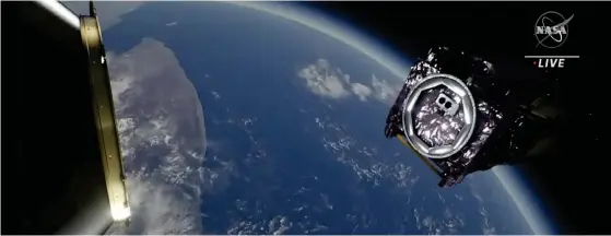  ?? FOTO: NASA/TT- AP ?? Rymdtelesk­opet James Webb sköts upp och separerade­s i rymden från raketen Ariane 5 på juldagen.