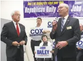  ?? Liz Hafalia / The Chronicle ?? Republican candidates Steven Bailey (right), for attorney general, and John Cox (left), for governor, attend a news conference in May.