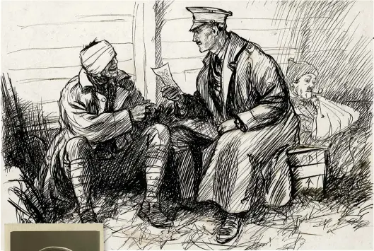  ??  ?? Battle lines One of Shepard’s war illustrati­ons, dating from 1916. In the caption, the officer enquires: “So you want me to read your girl’s letter to you?” The soldier replies: “Sure, sir, and as it’s rather private, will you please stuff some cotton...