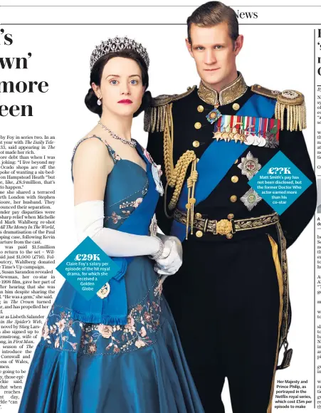  ??  ?? Her Majesty and Prince Philip, as portrayed in the Netflix royal series, which cost £5m per episode to make