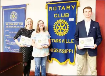  ?? ?? The Starkville Rotary Club recognized Starkville Christian School teacher Rebecca Stegal ( left) as Educator of the Year and SCS students Lisa Smith (middle) and Denton Jenkins (right) as students of the year. (Photo by Jessica Lindsey, SDN)