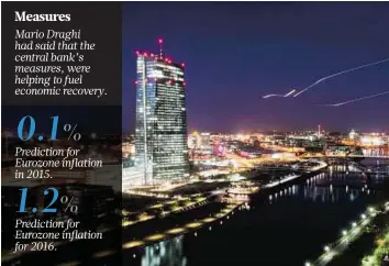  ?? AFP ?? Bright outlook Planes coming in to land at Frankfurt airport draw light lines in the evening sky next to the illuminate­d ECB building. Turning to the growth outlook for the 19 countries that share the euro, the SPF survey saw an upward revision in...