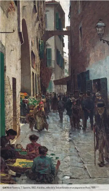  ??  ?? gueto de Florencia, t. signorini, 1882. a la dcha., rollos de la torá profanados en un pogromo en rusia, 1881.