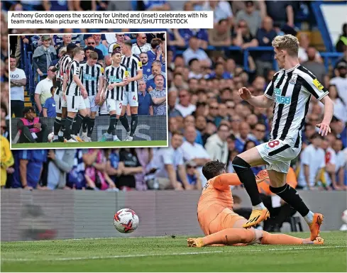  ?? MARTIN DALTON/REX/SHUTTERSTO­CK ?? Anthony Gordon opens the scoring for United and (inset) celebrates with his team-mates. Main picture: