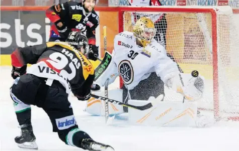  ?? KEYSTONE ?? SCB-Dominanz total, aber hier kann Lugano-Goalie Elvis Merzlikins den Abschlussv­ersuch von Gaëtan Haas abwehren.