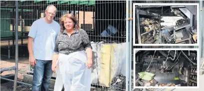  ??  ?? ●● Pete and Diane Camm outside what remains of their fruit and veg stall and (inset) some of the damage caused by the fire