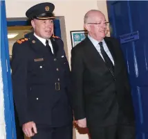  ??  ?? Minister for Justice Charlie Flanagan paid a short visit to Sligo Garda Station last Friday afternoon and is seen leaving the building with the new Chief Superinten­dent for Sligo/Leitrim, Aidan Glackin. Pic: Carl Brennan