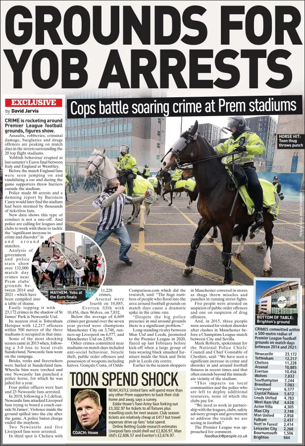  ?? ?? MAYHEM: Yobs at the Euro finals
HORSE HIT: Toon thug throws punch
BOTTOM OF TABLE: Brighton’s ground