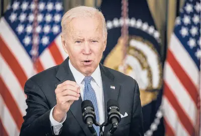  ?? SAMUEL CORUM/GETTY ?? President Joe Biden stresses a point during a news conference Saturday in the State Dining Room at the White House.