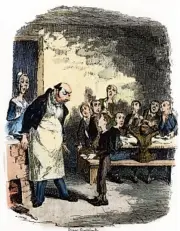 ??  ?? “Oliver asking for more”. Etching by George Cruikshank to the First Edition of Oliver Twist