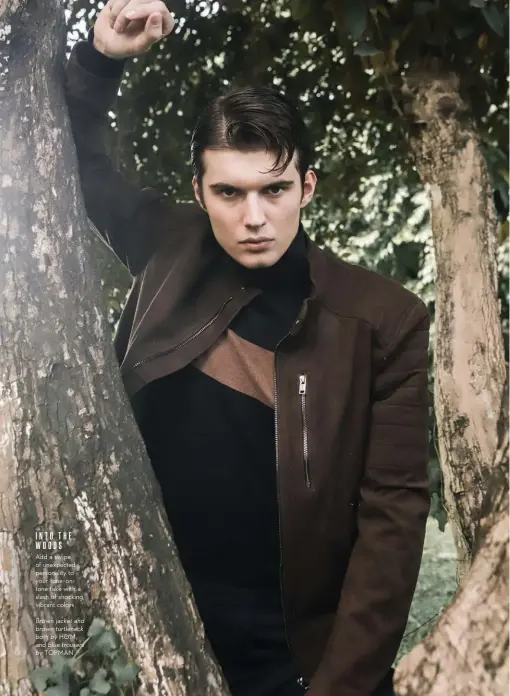  ??  ?? INTOTHE WOODS Add a swipe of unexpected personalit­y to your tone-ontone take with a slash of shocking, vibrant colors Brown jacket and brown turtleneck both by H&M, and blue trousers by TOPMAN