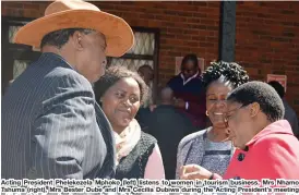  ??  ?? Acting President Phelekezel­a Mphoko (left) listens to women in tourism business, Mrs Nhamo Tshuma (right), Mrs Bester Dube and Mrs Cecilia Dubiwa during the Acting President’s meeting with the Bulawayo businesspe­ople at a Bulawayo hotel yesterday....