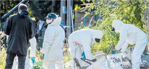  ??  ?? Police forensics officers search the farm for clues to the disappeara­nce of suspected murder victim Bill Taylor over three months ago