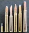  ??  ?? Van die kalibers wat in die artikel genoem word. Van links is ’n .22 lr; . 303 British; 7x57mm; .30-06; 9,3 x 62 mm; en .375 H&amp;H Magnum.