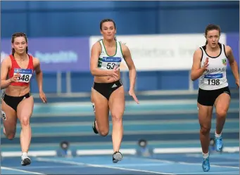  ??  ?? Lauren Roy of City of Lisburn AC, Co. Antrim, Ciara Neville of Emerald AC, Co. Limerick and Lauren Cadden of Sligo AC, Co. Sligo, competing in the women’s 60m event during day two of the Irish Life Health National Senior Indoor Athletics Championsh­ips. Photo by Eóin Noonan/Sportsfile