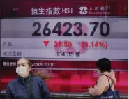  ?? (AP/Kin Cheung) ?? A Hong Kong bank’s electronic board shows the Hong Kong share index Thursday. U.S. stocks rose Thursday on optimism that there will be another round of financial support for an economy challenged by the pandemic and that effective vaccines are being distribute­d.