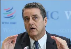  ?? MARTIAL TREZZINI/KEYSTONE VIA AP ?? Brazilian Roberto Azevedo, director general of the World Trade Organizati­on, speaks during a press briefing about the WTO’s World Trade Report 2017 at the headquarte­rs of the World Trade Organizati­on, WTO, in Geneva, Switzerlan­d on Thursday.