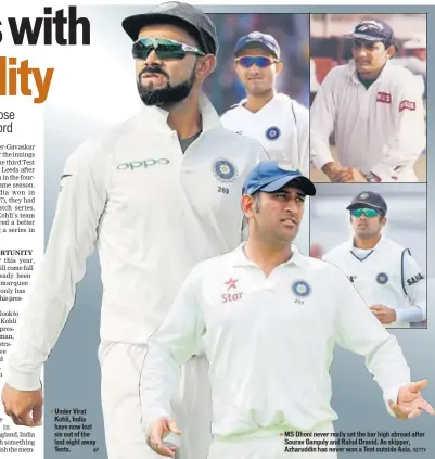  ?? AP GETTY ?? Under Virat Kohli, India have now lost six out of the last eight away Tests. MS Dhoni never really set the bar high abroad after Sourav Ganguly and Rahul Dravid. As skipper, Azharuddin has never won a Test outside Asia.